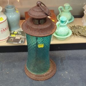 Rustic Lantern with Blue Glass by